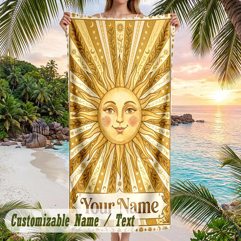 Sunshine Smiles 1 Theme Quick Dry Beach Towel Custom Name Text Print Large Sand Resistant Towel Beach Vacation