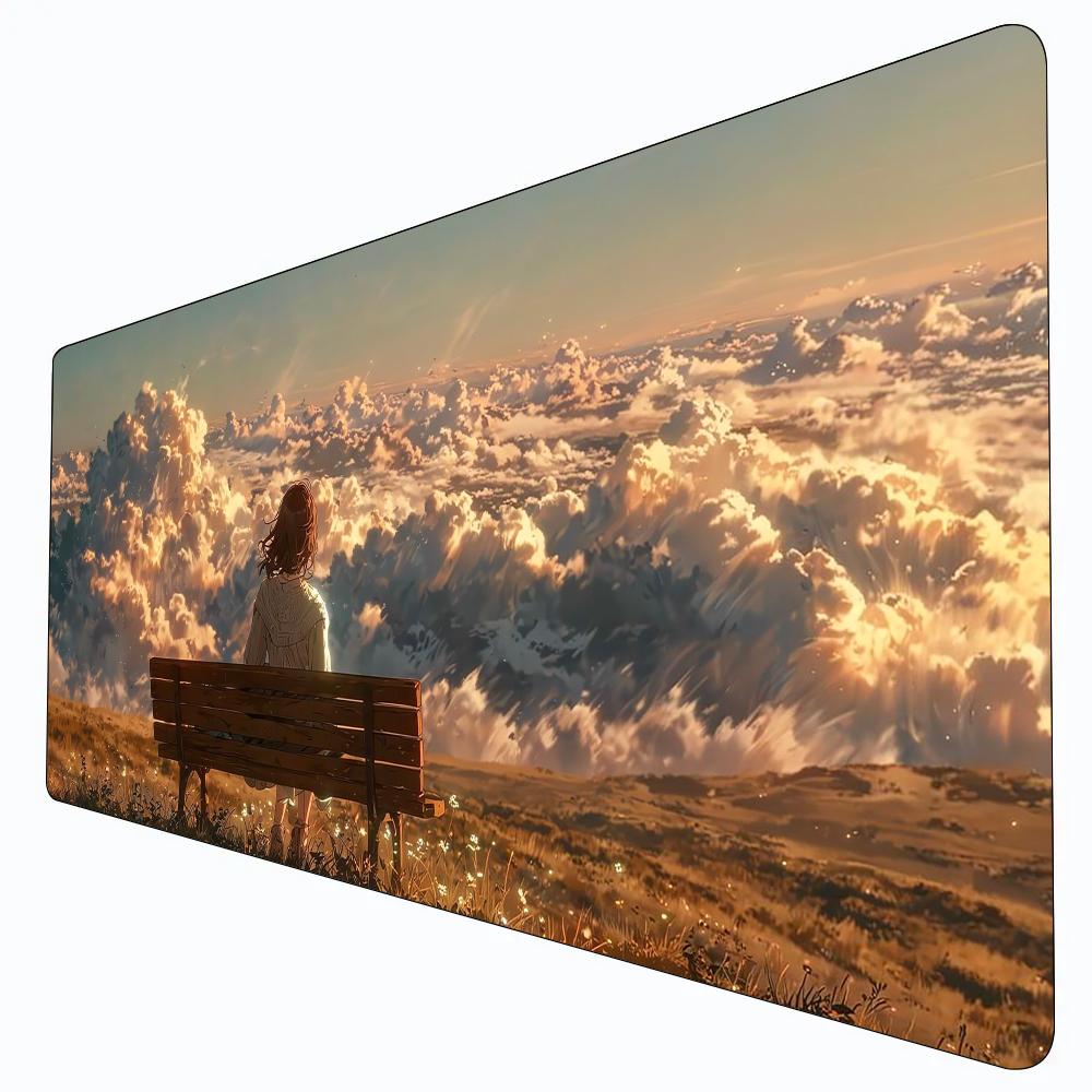Anime Traveler On Scooter Flower Field Dusk Cloud Large Mouse Pad Retro Cartoon Scenery Escritorio Accesorios Mouse Pad Grande