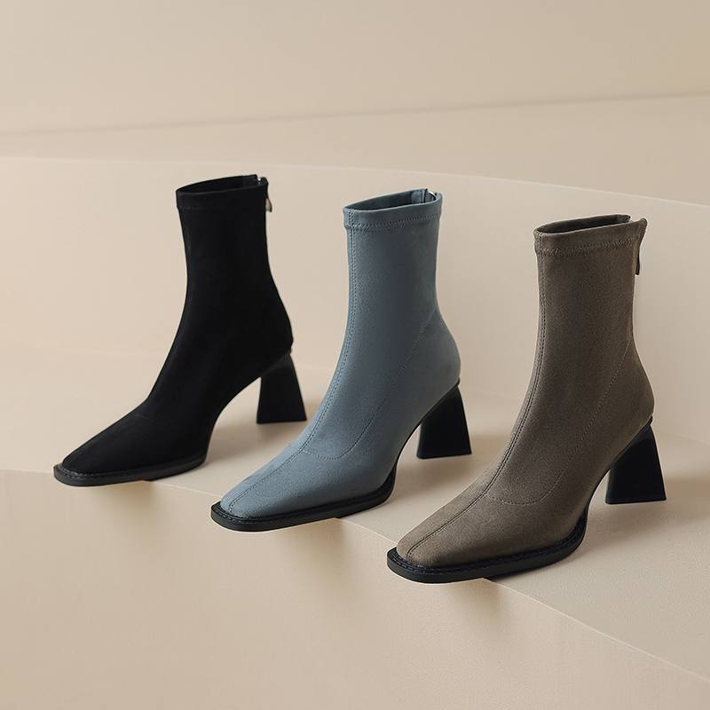 Krazing Pot Зимние эластичные ботинки из флока с квадратным носком на толстом высоком каблуке и молнии, женские ботильоны из натуральной кожи Stovepipe