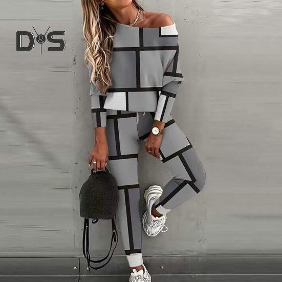 2 Pcs/Set Women Top Pants Suit Color Matching Off Shouder Long Sleeve Loose Elastic Waist Patchwork Women Spring Fall T-shirt Trousers Set Lady