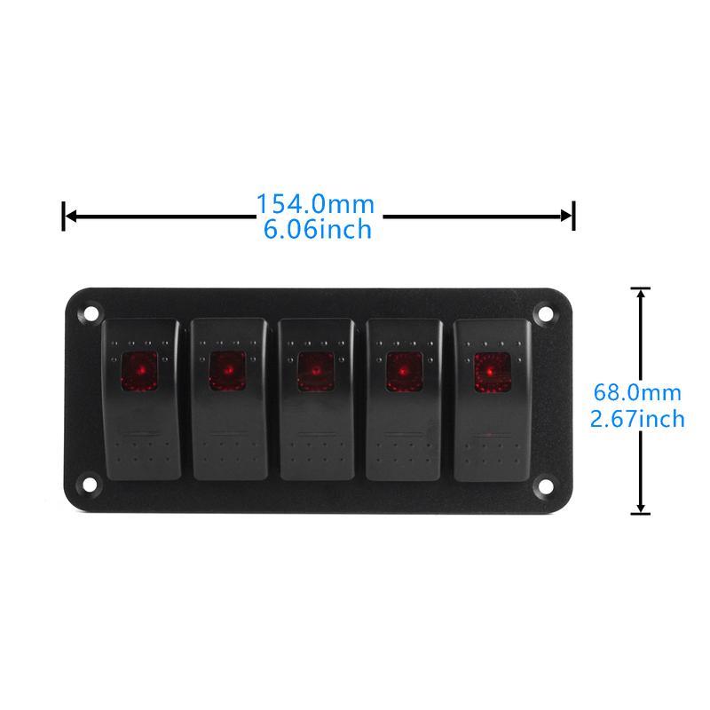 5 Gang Red LED Toggle Rocker Switch Panel 12V/20A, 24V/10A For Car Marine Boat RV Truck Waterproof