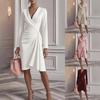 Новое, Осенняя Мода Платье с Крестообразным V-образным Вырезом, Пояс, Однотонное, с Длинным Рукавом, Женская Одежда