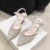 Fashion Crystal Sandals Spring New Pointed Pearl Glitter Cloth Cover Foot Anti-slip Wear-resistant Thick Heel Shoes