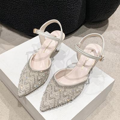 Модные босоножки с кристаллами, весенние, новые, с острыми краями из жемчужного блестящего материала, противоскользящие, износостойкие, на толстом каблуке