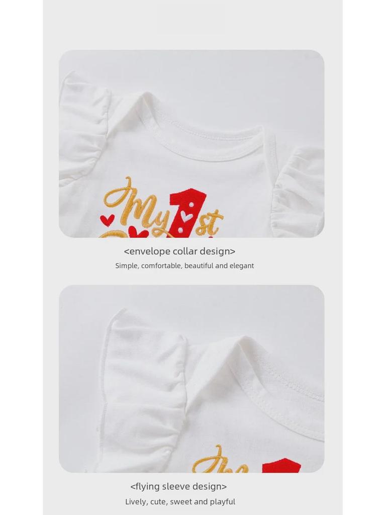 Комплект платьев на первый день рождения корейской девочки: Летняя юбка из вышитой сетки с рукавами-крылышками и аксессуарами для волос