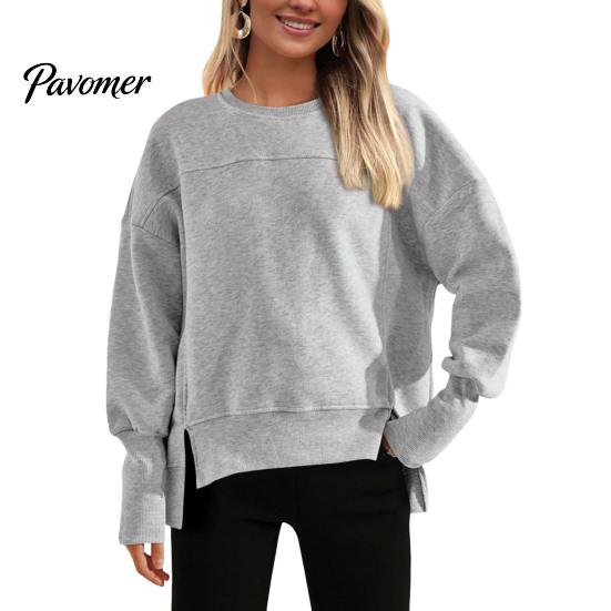 Side Slit Pullovers Women Crew Neck Sweatshirt, Drop Shoulder Long Sleeve Pullover, Loose Machine Washable Shirts Fit Casual Fall Winter Top with