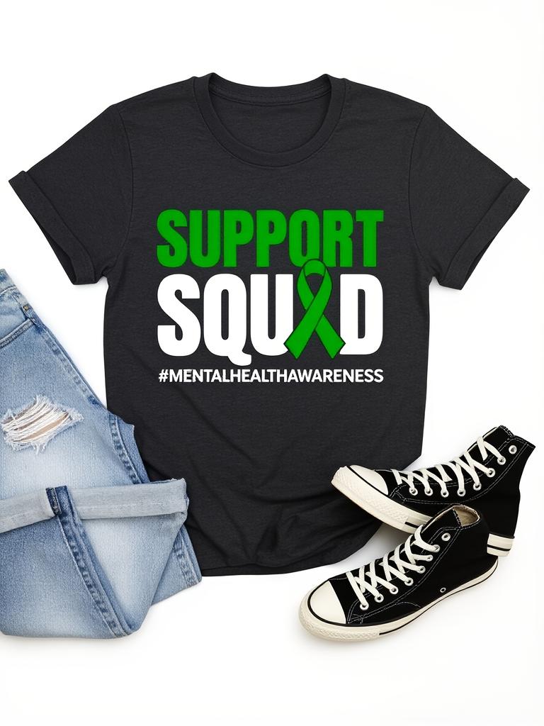 Mental Health Awareness Tshirt for Men Unisex Green Ribbon Support Squad Design Regular Fit Short Sl