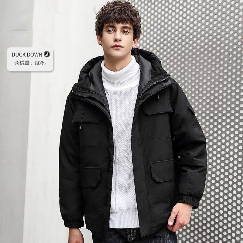 Mens Mid-Length Winter Down Jacket Hooded Workwear Style Solid Color 75% White Duck Loose Fit