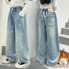 Kids Winter Thicken High Street Jeans For Girl Straight Fit Fleece-Lined Denim Pants Teenager Child Warm Insulated Jeans Trouser