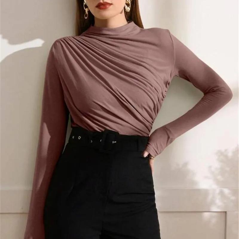 Autumn Women Long Sleeve Elastic Pure Color Going Out Tops Ruched Fashion Elegant Softy Slim Crop Top