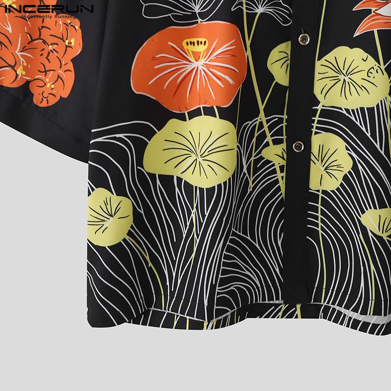 INCERUN Мужские повседневные рубашки оверсайз свободного кроя с лацканами и коротким рукавом с цветочным принтом