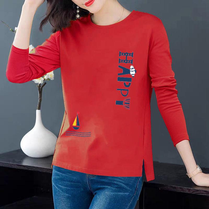 Женская футболка Slim Fit из хлопка с принтом и длинными рукавами - Круглый вырез, разрез по низу