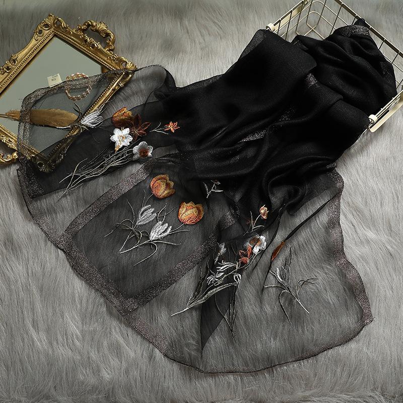 Новый шелковый шерстяной шарф женский с вышивкой весна и лето однотонный длинный шарф пашмина женский платок для волос хиджаб бандана
