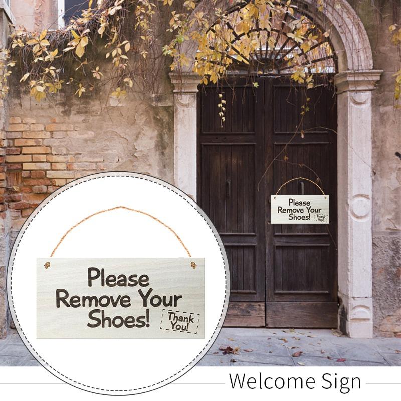 Front Door Welcome Sign Home Decor Please Remove Your Shoes Rustic Craft Wooden Square Porch Hanging with Rope Plaque Gift