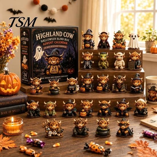 Highland Cow Collectibles Halloween Advent Calendar, 24 Days Countdown Box Mini Figurines with 24Pcs Figurines, Spooky Decorations Cute 3D Dolls