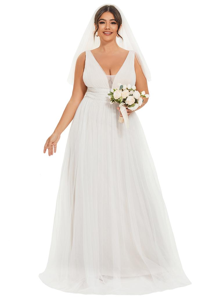 Женские кружевные платья Ever-Pretty размера плюс с ампирной талией без рукавов и двойным v-образным вырезом, прозрачные тюлевые свадебные платья трапециевидной формы