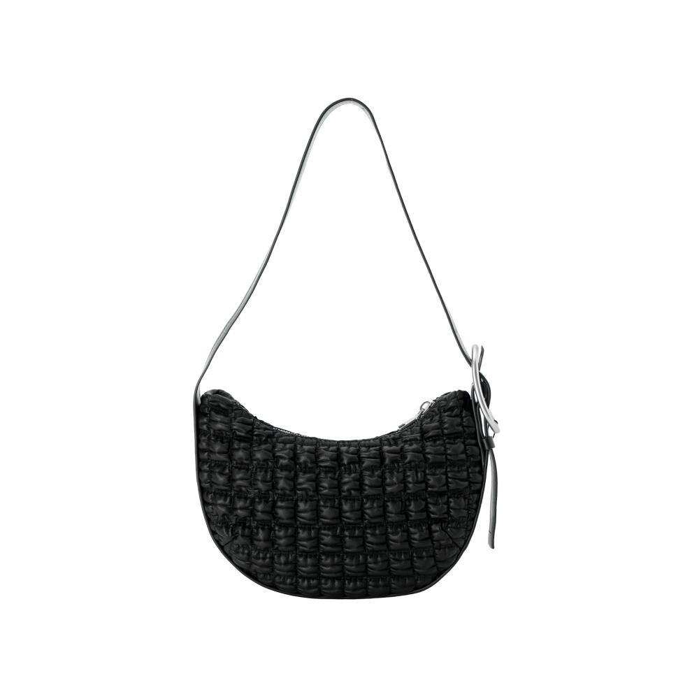 Calvin Klein Silver Letter Logo Ruched Plaid Texture Zipper Closure PU Half Moon Bag Women Handbags Black DH3442-001