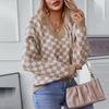 ZIMOXUAN WOMEN's New Casual Loose Long-sleeved V-neck Pullover Plaid Sweater