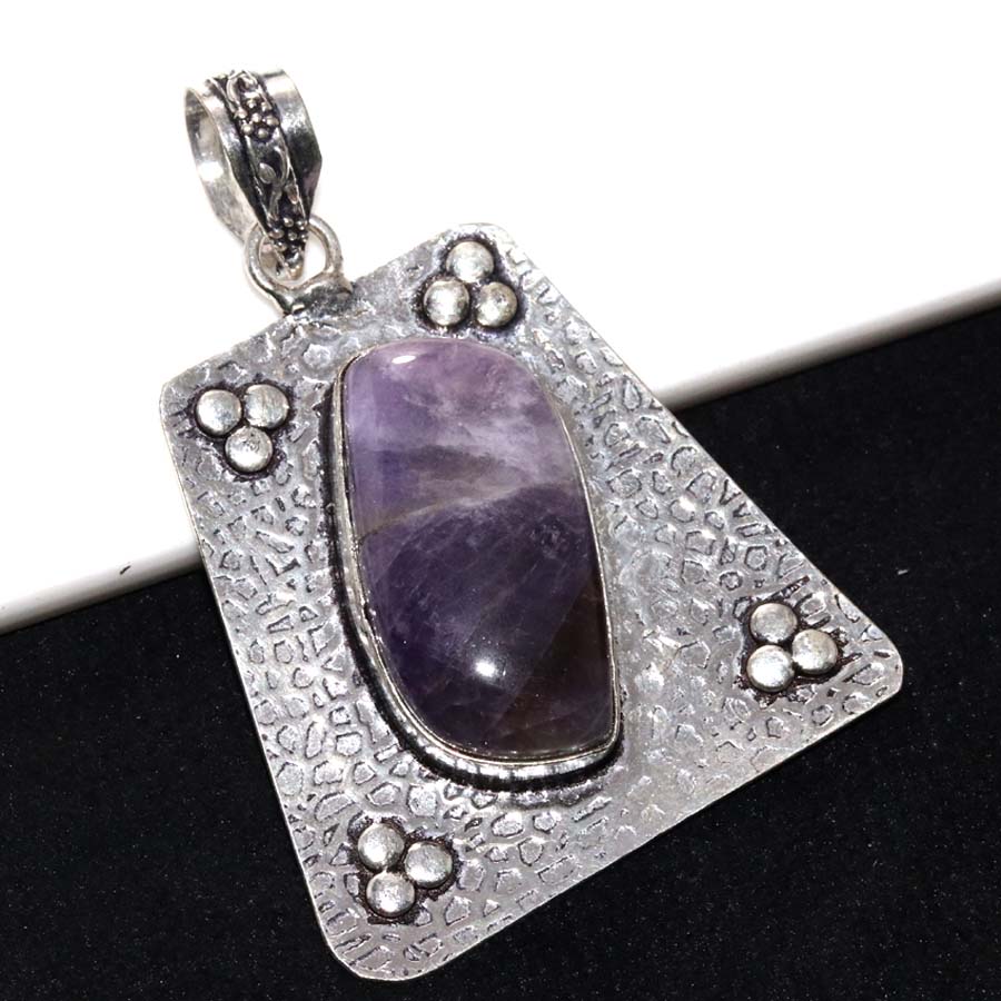 Exclusive Chevron Amethyst 925 Silver Plated Pendant 2.4" Statement Jewelry o2r51