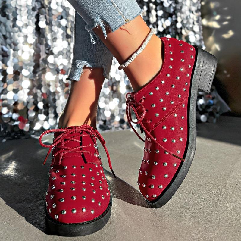 Foreign Trade Large Size Women's Single Shoes Spring New European and American Low Heel Metal Rivet Lace Lazy Fashion Single Shoes Women