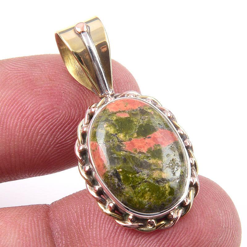 Natural Unakite Gemstone 925 Solid Sterling Silver Two Tone Pendant 1.25" M0w51