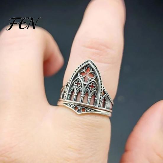 Distressed Metal Jewelry Retro Hollow Castle Ring for Men Women, Gothic Church Statement Architecture Style Ring, Non Tarnish Alloy Carving