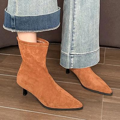 Ботильоны на высоком каблуке женские с острым носком челси замшевые зимние туфли плюшевые теплые зимние женские 2024 трендовые сексуальные туфли на шпильке Botas Mujer