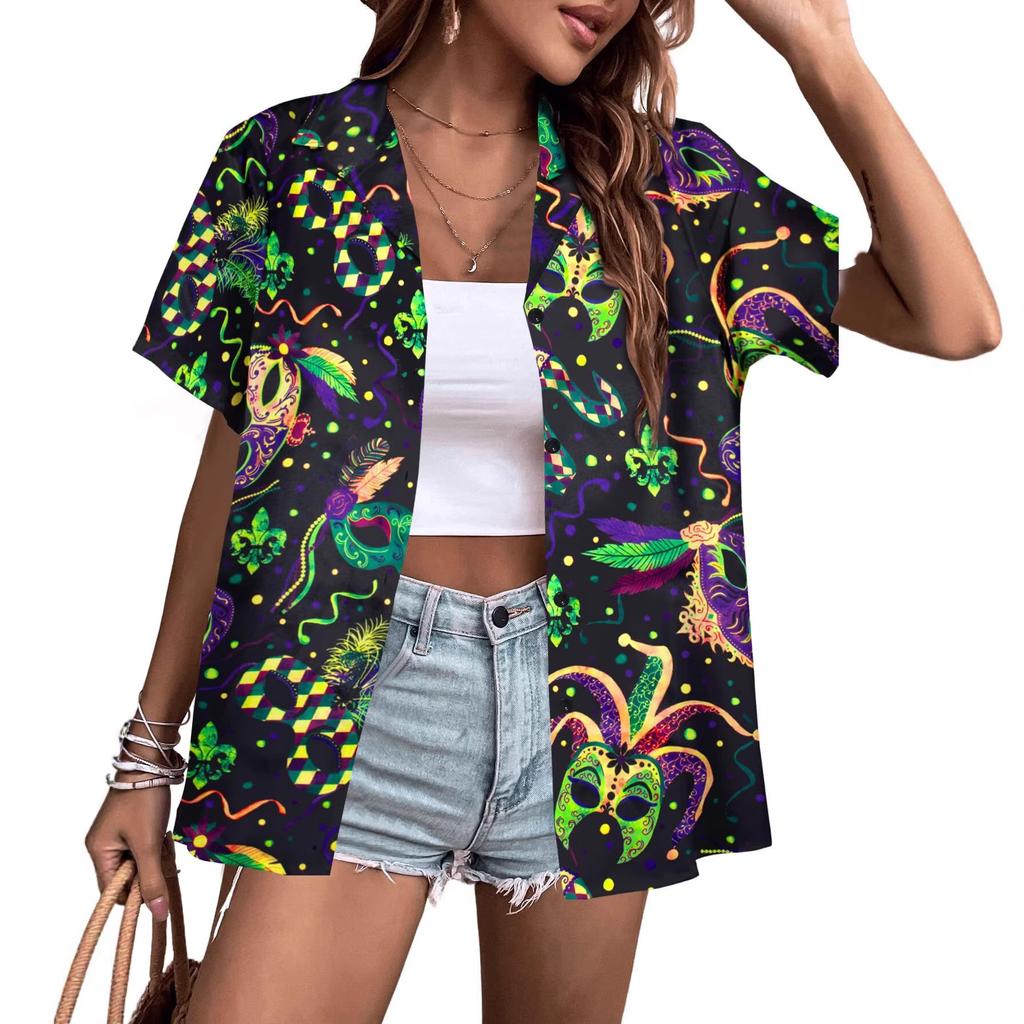 Women's Short Sleeve Cardigan Lapel Hawaiian Shirt 1D Digital Printing Casual Shirt