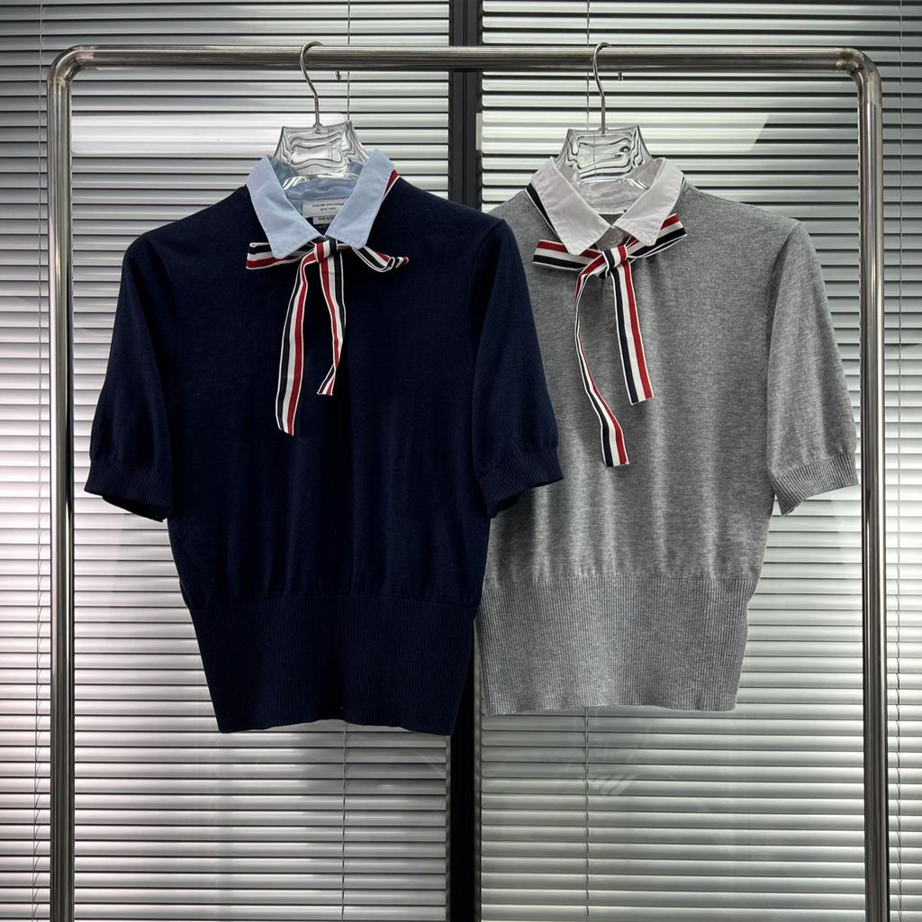 TB new knitted chest bow lapel striped women's wool short-sleeved top