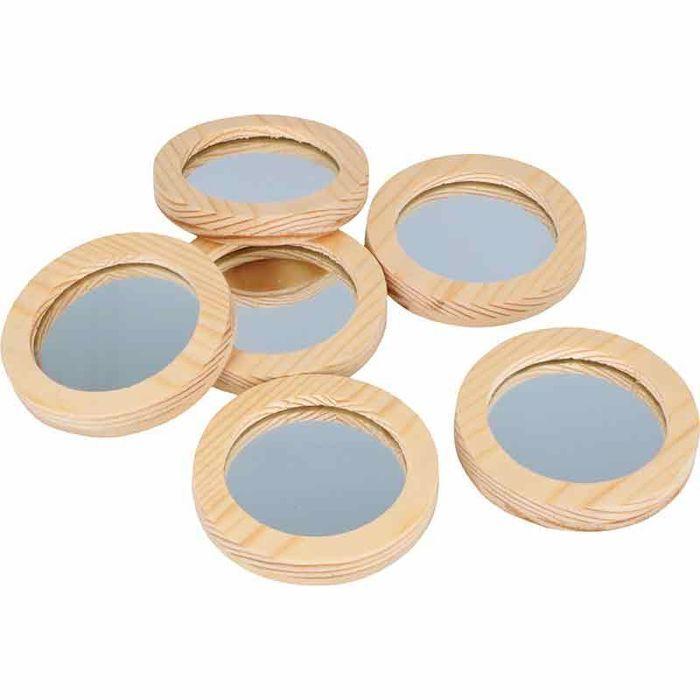 Set of 6 Wooden Pocket Mirrors - 7.5 X 1 Cm