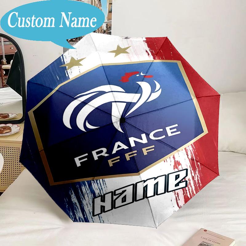 Custom Name Umbrella France Football Crest Umbrella 8-Frame for Travel, Camping, Casual Lightweight Portable, Essential for Family Gifts