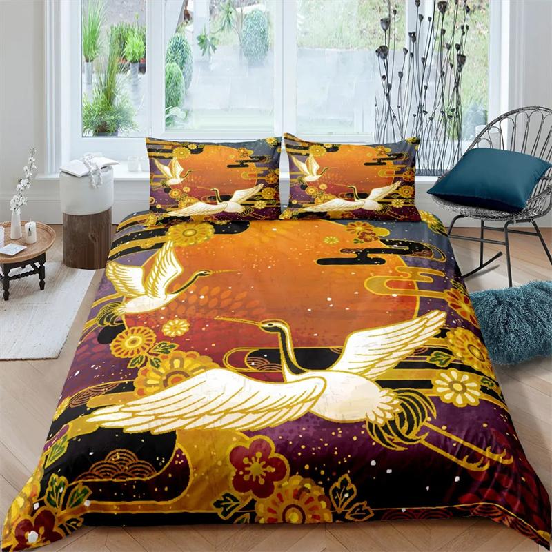 Пододеяльник с японским журавлем King Queen Size Wave Flower Ukiyo-e Style Комплект постельного белья Восточная культура 2/3 шт. Полиэстеровый пододеяльник