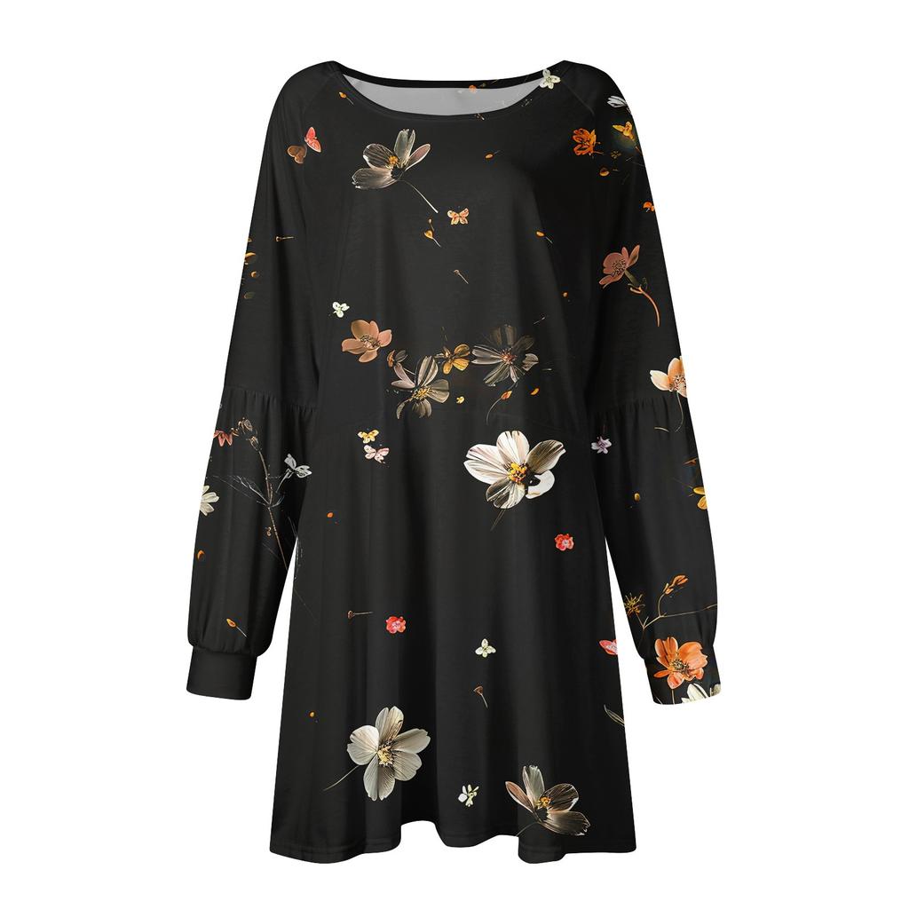 Модное женское платье трапециевидной формы с длинным рукавом. Осенний повседневный пуловер с круглым вырезом. Свободное платье с карманами.