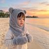 Plush Fleece Kids Hooded Beanie Windproof Scarf Hat Cute Bear Ears Balaclava Hat  Winter