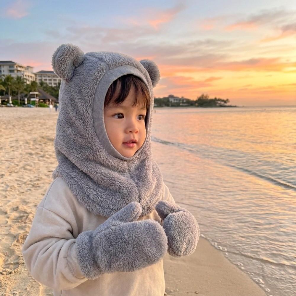 Plush Fleece Kids Hooded Beanie Windproof Scarf Hat Cute Bear Ears Balaclava Hat Winter