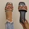 Large Size Square Head Flat Bottom Cool Slippers Women's Summer New Colorful Rhinestones Outer Wear Fashion Word Beach Shoes