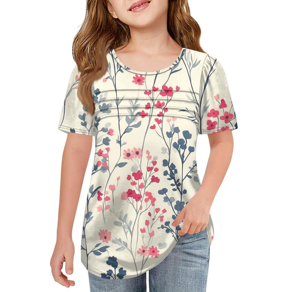 Детские футболки-складки, летние футболки с короткими рукавами и круглым воротником, с принтом цветов, пальто для отдыха