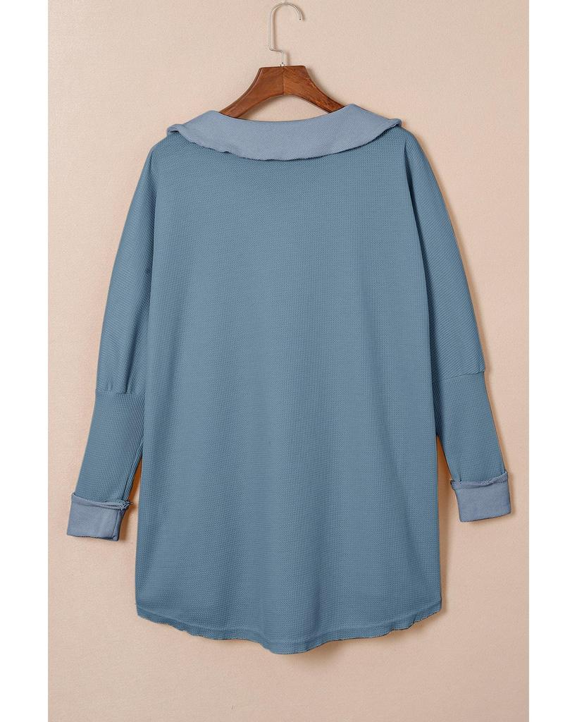 Azura Exchange Sky Blue Waffle Knit Buttoned Long Sleeve Top
