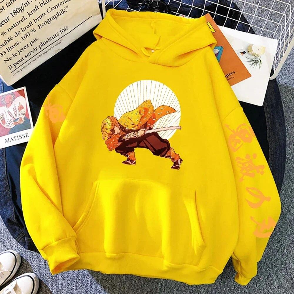 Толстовка с принтом Demon Slayer Agatsuma Zenitsu в стиле хип-хоп, свободная толстовка с капюшоном, повседневная флисовая толстовка в стиле Харадзюку, топы с круглым вырезом, толстовки