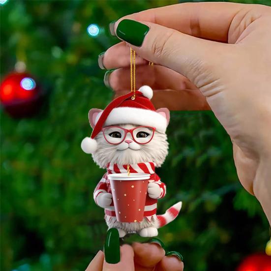 Украшение на рождественскую елку Рождественская фигурка кота с подвеской в шапке Санты 2D Плоское акриловое подвесное украшение для зеркала заднего вида автомобиля Дерево