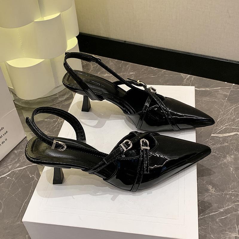 Black sexy word with bag head sandals women's 2024 summer new kitten heel buckle pointed high heel cool slippers