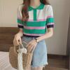 Женская трикотажная футболка с воротником поло в полоску - контрастный цвет, короткий рукав, облегающий крой, стильный, омолаживающий, универсальный летний топ