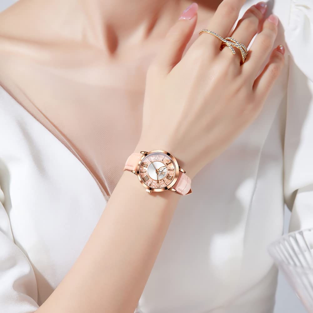 OLEVS Women's Quartz Watch Sparkling Diamond Quicksand Dial Rose Gold Case Pink Leather Band 22cm Waterproof Gift