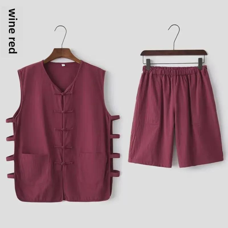 Мужской костюм Тан на весну и осень: Костюм из двух частей в китайском стиле из хлопка и льна с пуговицами