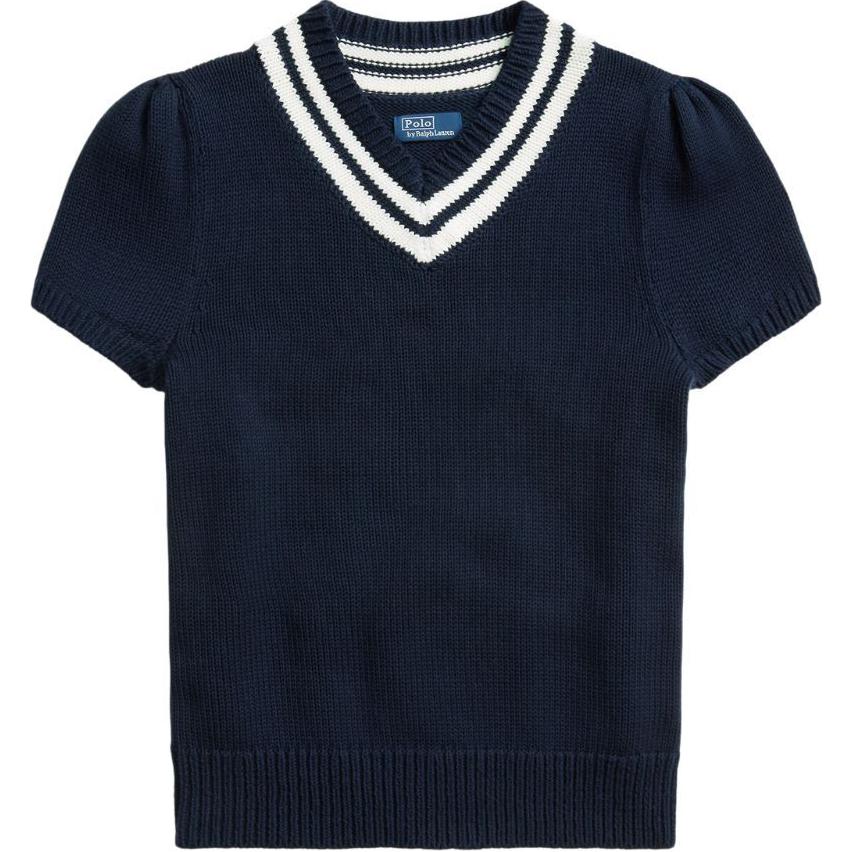 Polo Ralph Lauren Striped V-Neck Pullover Knit Top Women Tops Navy-Blue 211935320-001