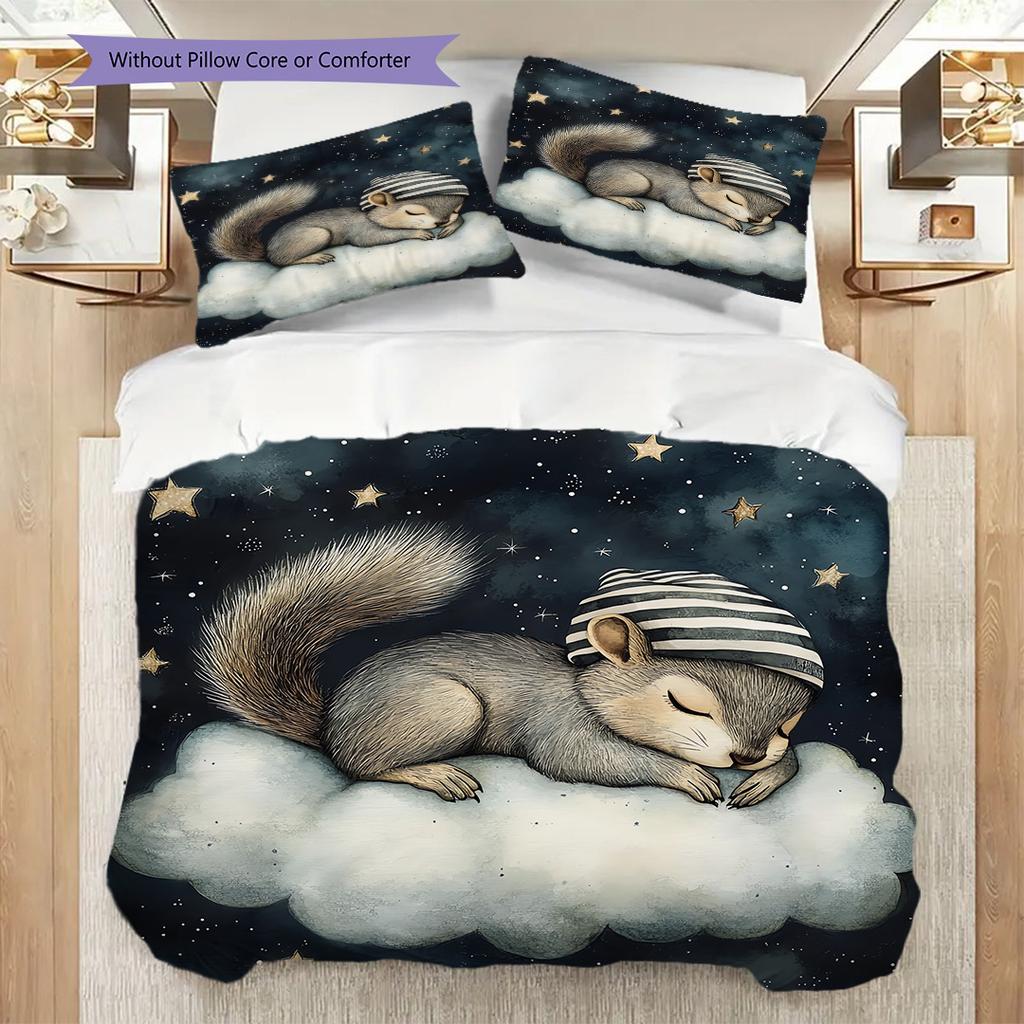 Squirrel Pattern Bedding Quilt Set Quilt Cover Pillowcase Home Decoration Birthday Gift (1 * duvet cover + 2 * pillowcase, without core)