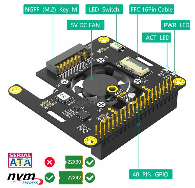 Raspberry Pi 5 PCIe To M.2 NVMe SSD Expansion Board with Fan