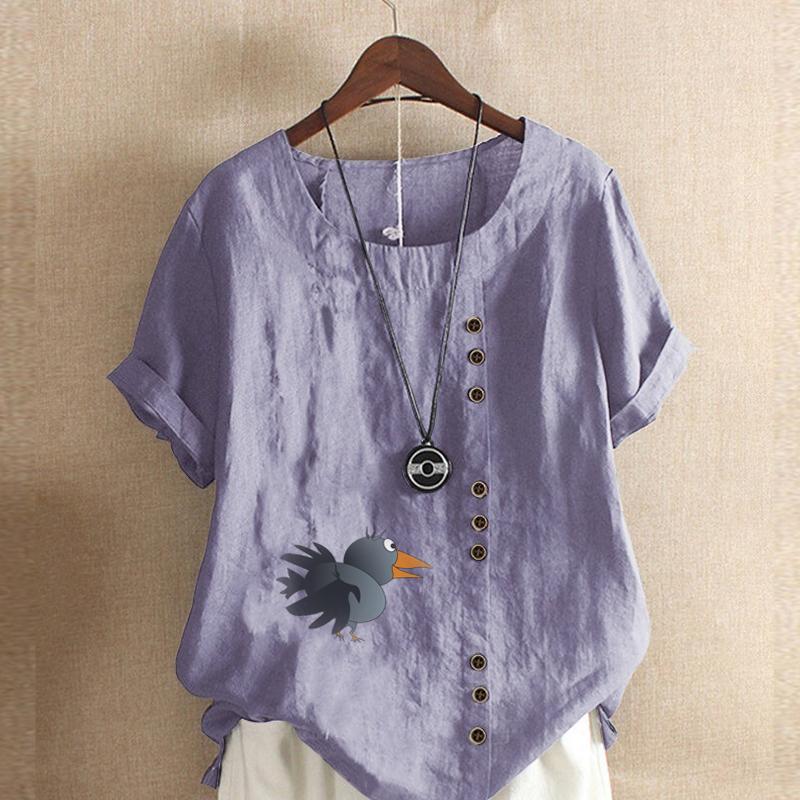 Women's Fashion Round Neck Short Sleeve T-shirt Casual Cotton Linen Graphic Shirt Leisure Loose Crow Prined Summer Blouse Tops