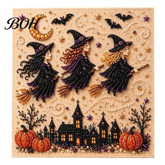 Fall Holiday Decoration Halloween Faux Pearl Art DIY Kit, 3D Bead Embroidery Craft Set, Spooky Handmade Ghost Pumpkin Goat Witch Wall Art, Seasonal