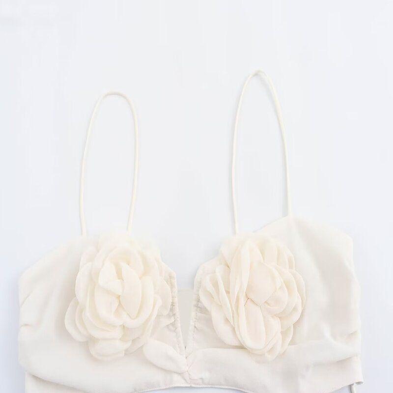 Fashion Style 2024 Summer New Women's Sling with Raised Flower Design Pendant Tops 2855206